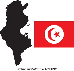 Black contour map of Tunisia with national flag