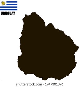 Black contour map of Uruguay with national flag