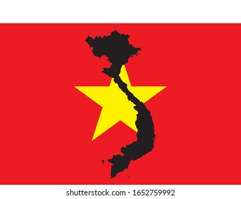 black contour map of Vietnam on national flag backgroud