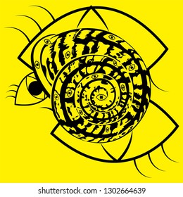Black contour a Masonic All-seeing Eye inscribed in helix shell in trendy flat style isolated on yellow background. Abstract vector illustration in surrealism modern art style for poster, design, logo