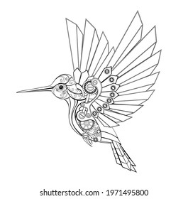 Black, contour, mechanical hummingbird with contour gears on white background. Steampunk style.