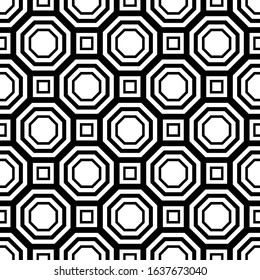 Black contour octagons and squares on a white background. Abstract seamless pattern. Vector drawing. Texture.