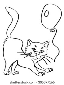 black contour on white background illustration of a cat stretches to balloons