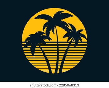 Black contour of palm trees against the background of the sun in the style of the 80s. Crooked palm trees at retro sunset. Design of advertising booklets and banners. Vector illustration