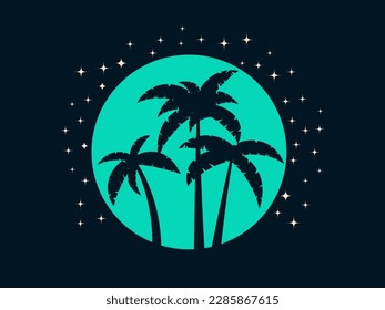 Black contour of palm trees on the background of the moon in vintage style. Silhouette of palm trees on a full moon with stars. Design of advertising booklets and banners. Vector illustration