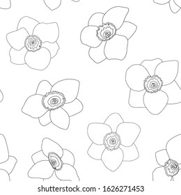 Black  contour seamless pattern of narcissus flowers on white background. Vector line art spring flowers ornament. Floral hand drawn outline design for textile, fabric, wallpaper, package, banner, web