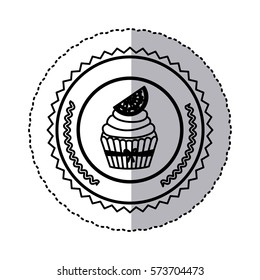 black contour silhouette sticker with cupcake with lemon slice in round frame vector illustration