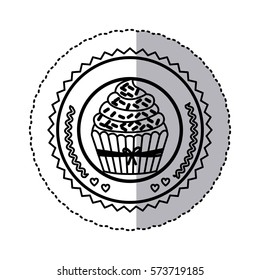 black contour silhouette sticker with cupcake round frame vector illustration