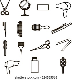 Black contour silhouettes Decorative elements for design of a barber shop, beauty salon, hair care and related topics. Making beauty magazine, booklet on sale of assets of hair care items to decorate