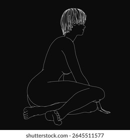 A black contour sketch of a young woman sitting on the floor, legs crossed, with clean line art and minimal details. The simple yet expressive drawing captures a relaxed pose, emphasizing fluid.