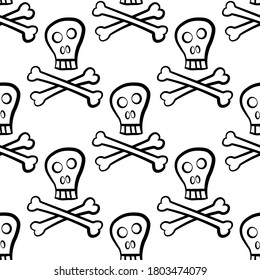 Black contour skull and bones isolated on white background. Cute monochrome seamless pattern. Vector flat graphic hand drawn illustration. Texture.