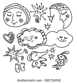 Black contour sleeping characters on white background. Cute characters with cartoon rabbit, stars, Moon, clouds and elephant. Black contour sketch isolated on white background. 