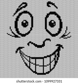 Black contour smiling grimace on the white background, knitting vector pattern as a fabric texture