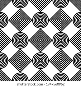 Black contour squares and circles isolated on white background. Geometric optical seamless pattern. Vector flat graphic illustration. Texture.