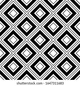 Black contour squares and rhombuses isolated on white background. Seamless pattern. Vector drawing. Texture.