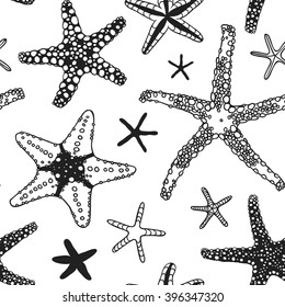 Black contour starfish illustration. Black Ink art work. Hand Drawn marine illustration. Vector nautical seamless pattern. Ink drawing sea stars