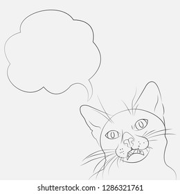 Black contour Surprised and Indignant cat with empty speech bubble isolated on grey background. Simple silhouette for logo, poster, print. Vector illustration without fill. EPS 10