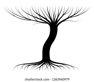 Black contour of a tree with twigs and roots. Leaves and crown no. Logo or emblem