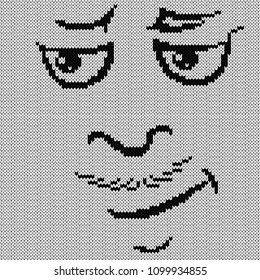 Black contour tricky and funny grimaces with mustache on the white background, knitting vector pattern as a fabric texture