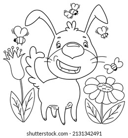 black contour vector drawing with a thin line on the theme of animals and summer, coloring page for children with a dog, insects and flowers, a puppy stands and smiles