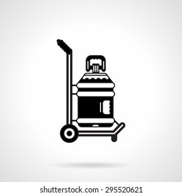 Black contour vector icon for hand truck with big plastic bottle of potable water for delivery services on white background.