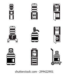 Black contour vector icons for water cooler elements. Electric water cooler, purifier, water delivery, plastic bottles for office, home and business.