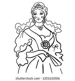 Black contour woman sketch in antique ball gown dress. Queen, princess in diadem on curly combed hair. Jewelry, heart on her neck, fan in the hand, corset. Beauty illustration for coloring book,design