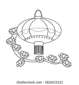 Black contoured Chinese lantern and blossoming stick on white isolated background, vector stock illustration for anti-stress coloring pages, hand drawn activity, temporary tattoos or stickers. 