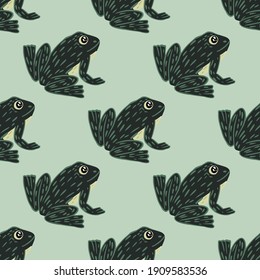 Black contoured frog silhouettes seamless pattern in doodle kids style. Light pastel blue background. Flat vector print for textile, fabric, gift wrap, wallpapers. Endless illustration.
