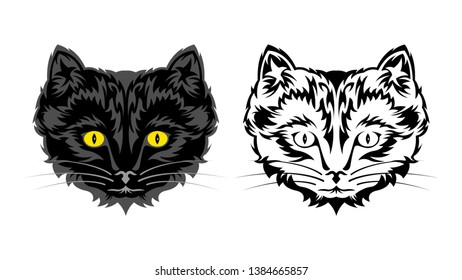 Black and contoured head of domestic cat. Kitten with a tribal pattern coat, isolated on a white background, front view. Flat style Vector Illustration