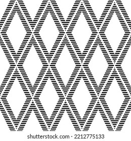 Rombos lineales con contorno negro resaltados sobre un fondo blanco. Patrón geométrico monocromo sin soldadura. Ilustración gráfica vectorial con punto flotante.