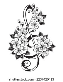 Black, contoured treble clef with artistic, contour Japanese cherry blossoms on white background. Contour Sakura.