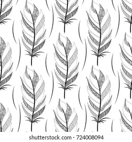 black contoured wide feather pattern. Vertical seamless pattern.doodle