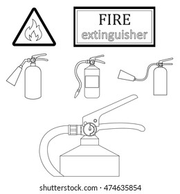 black contours of drawing fire extinguishers on a white background. Sign flammable | Vector Illustration