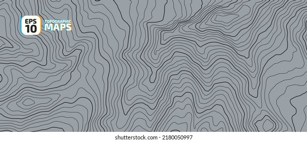 Black contours on gray background topography stylized height of the lines. Concept of a conditional geography scheme and the terrain path. Ultra wide. Map on land vector terrain Illustration.