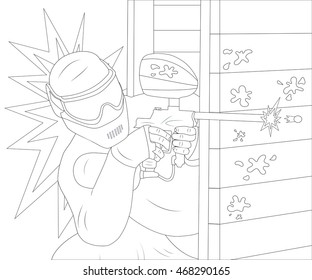 Black contours of paintball player on white background. Vector illustration.