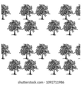 Black contours of tree, birds, apple seamless pattern on white stock vector illustration for web, for print