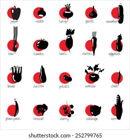 Black contours vegetables. The characters of vegetables and their names.