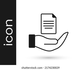 Icono de contrato negro en mano aislado en fondo blanco. Concepto de seguro. Seguridad, seguridad, protección, concepto de protección.  Vector
