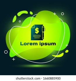 Black Contract money and pen icon isolated on black background. Banking document dollar file finance money page. Abstract banner with liquid shapes. Vector Illustration