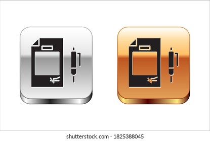 Black Contract money and pen icon isolated on white background. Banking document dollar file finance money page. Silver-gold square button. Vector Illustration