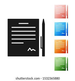 Black Contract with pen icon isolated on white background. File icon. Checklist icon. Business concept. Set icons colorful. Vector Illustration