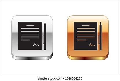 Black Contract with pen icon isolated on white background. File icon. Checklist icon. Business concept. Silver-gold square button. Vector Illustration