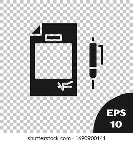 Black Contract and pen icon isolated on transparent background. Banking document dollar file finance page.  Vector Illustration