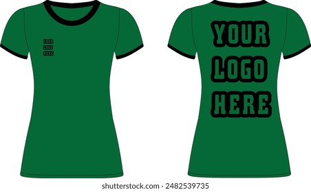 Black Contrast Trim Custom Design Women Green T-Shirt flat sketch mockup