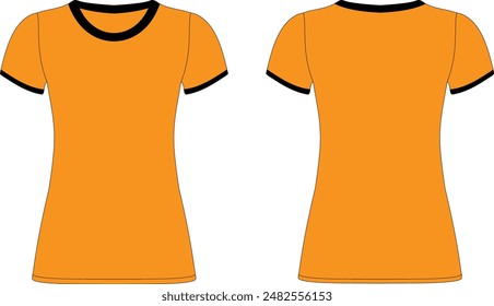 Black Contrast Trim gold color Women T-Shirt flat sketch mockup
