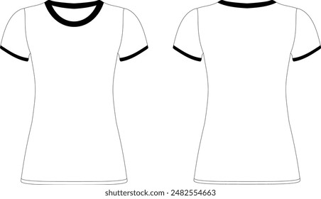 Black Contrast Trim White T-Shirt for women flat sketch mockup