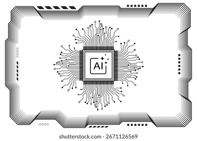Panel de control negro. Abstractas tecnología moderna. Interfaz de interfaz de usuario de HUD futurista con placa de circuito "IA GENERATIVO". Patrón de placa de circuito para fondo de tecnología. Ilustración vectorial.