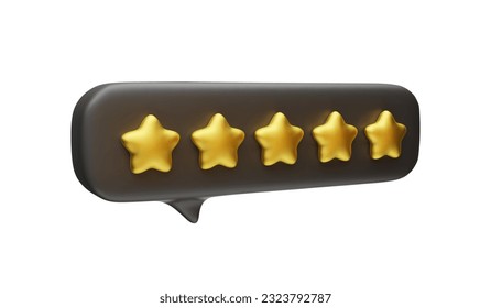 Globo de conversación negro con cinco estrellas doradas estilo 3d realista. Burbuja de chat de comentarios positivos. Calificación de red social, satisfacción de servicio, ilustración vectorial de experiencia de usuario positiva