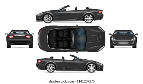 Black convertible car vector mockup on white for vehicle branding, corporate identity. View from side, front, back, and top. All elements in the groups on separate layers for easy editing and recolor.